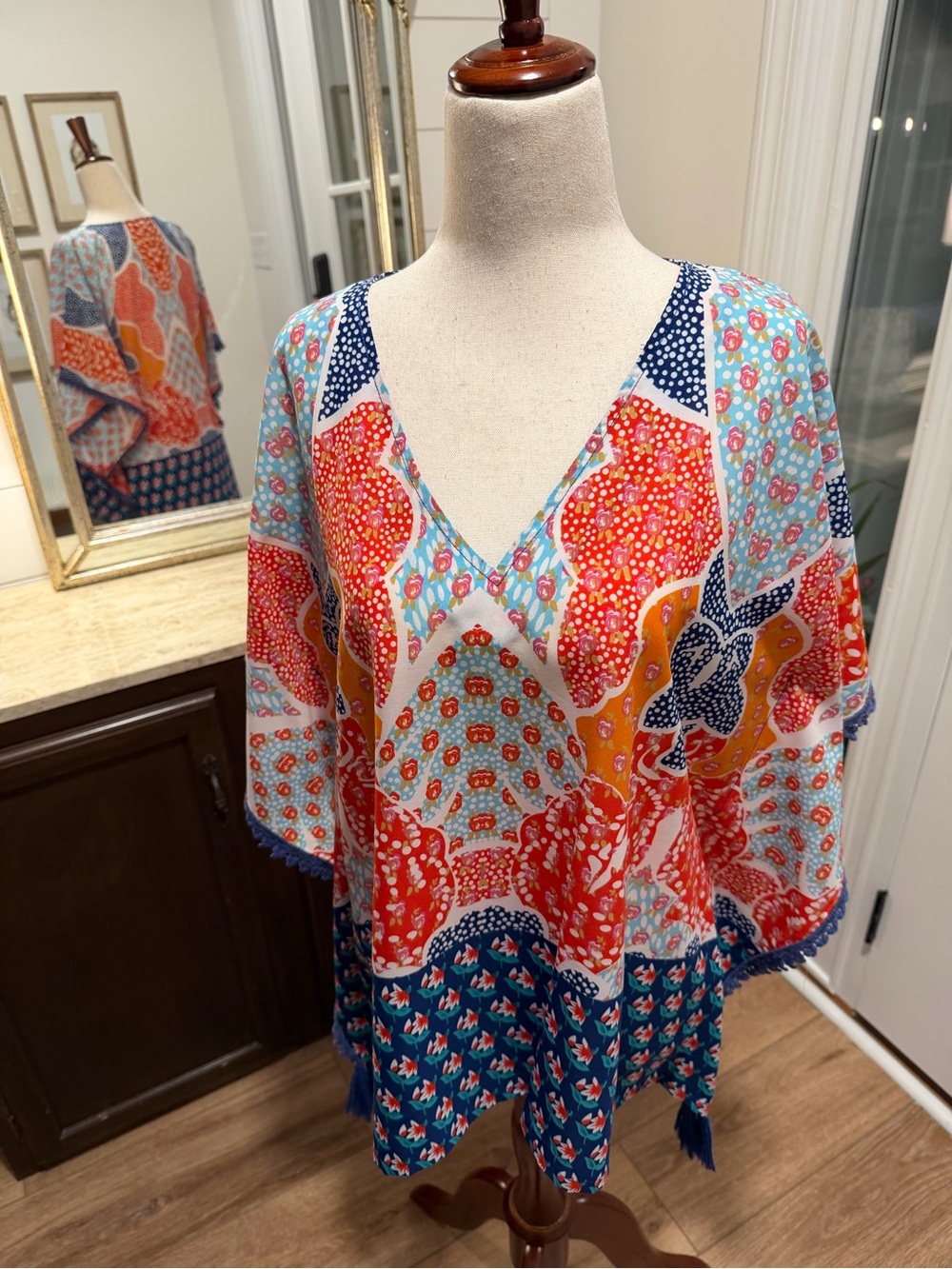 Vibrant Patchwork V-Neck Boho Tunic - Multicolor